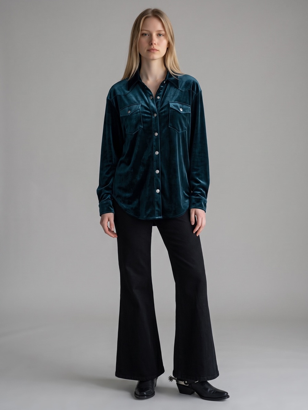 Lucky & Blessed Teal Velvet Button-Front Shirt